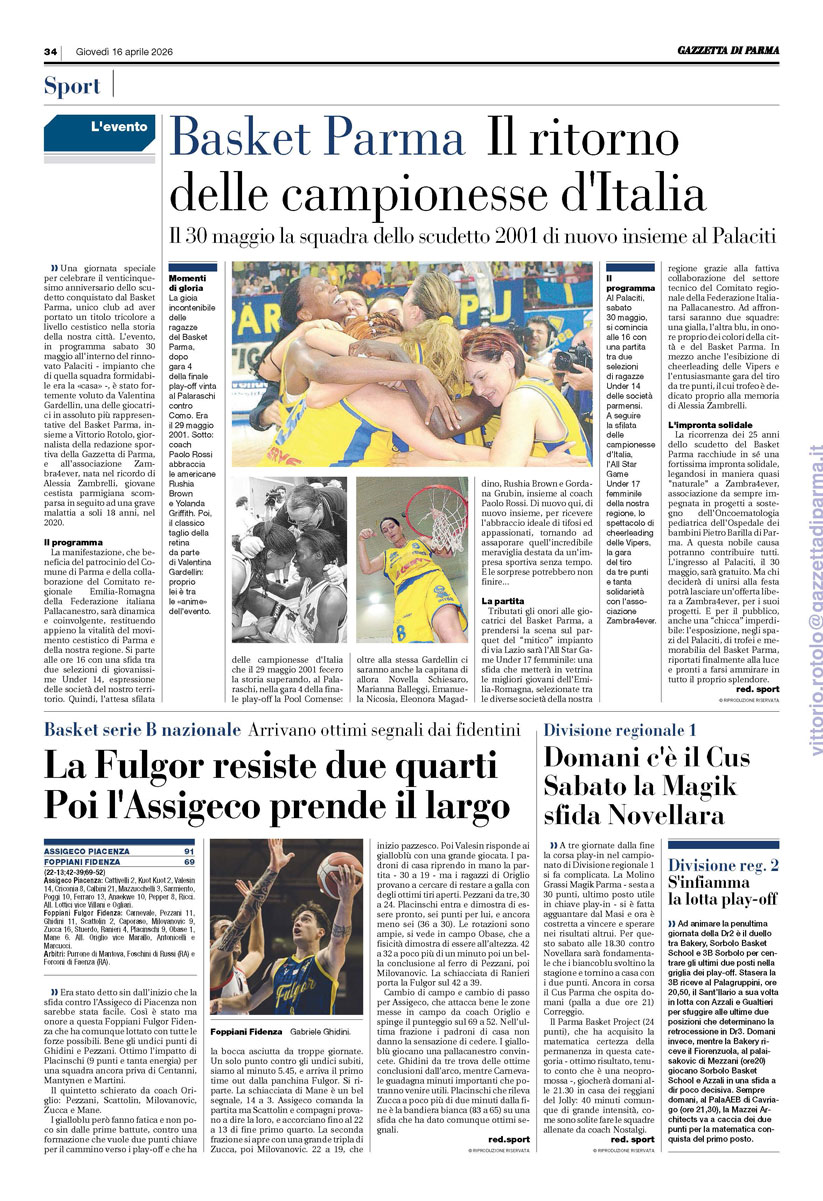 Basket Gazzetta di Parma 16 04 2026
