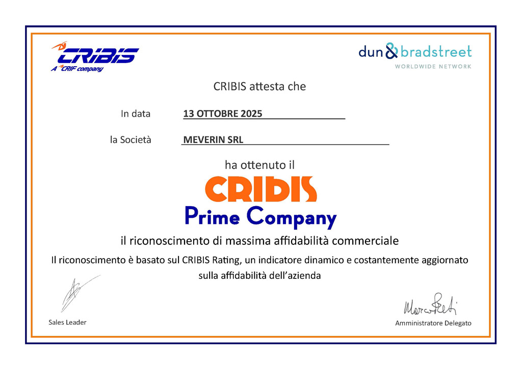 Riconoscimento CRIBIS Prime Company, 2025 Attestato CRIBIS ITA MEVERIN 2025