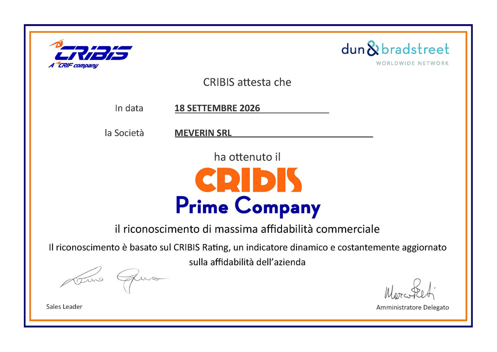 Riconoscimento CRIBIS Prime Company, 2026 Attestato CRIBIS ITA MEVERIN 2026